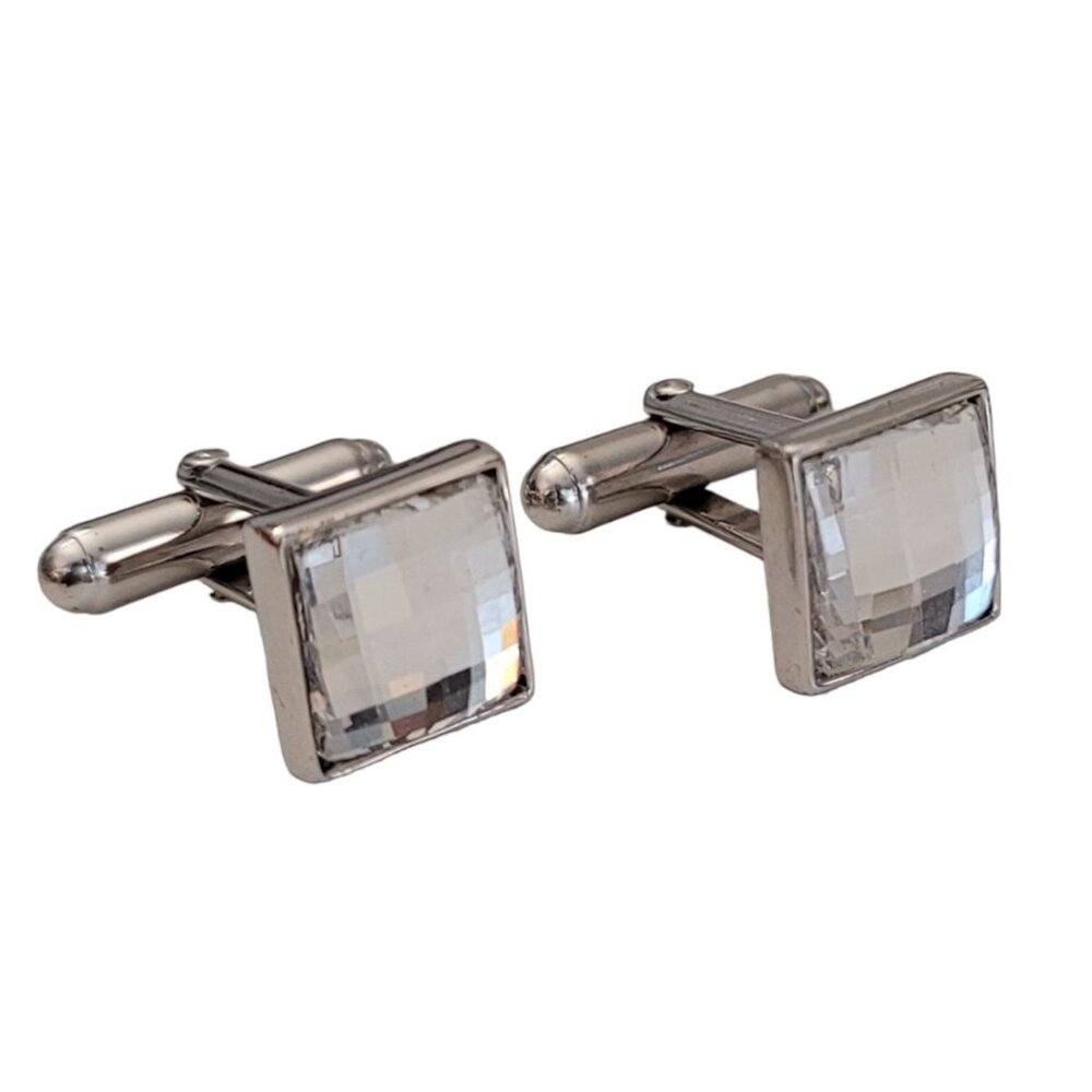 Swarovski Swan Logo Silver-Tone Square Faceted Clear Crystal Cufflinks K288
